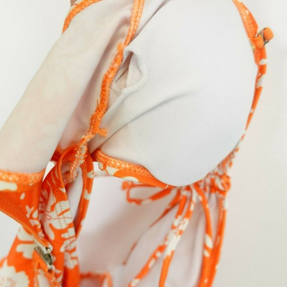 Women's Orange One Piece Swimsuit SMALL Floral Strappy Draw-String‎ Cut Out - Picture 10 of 11
